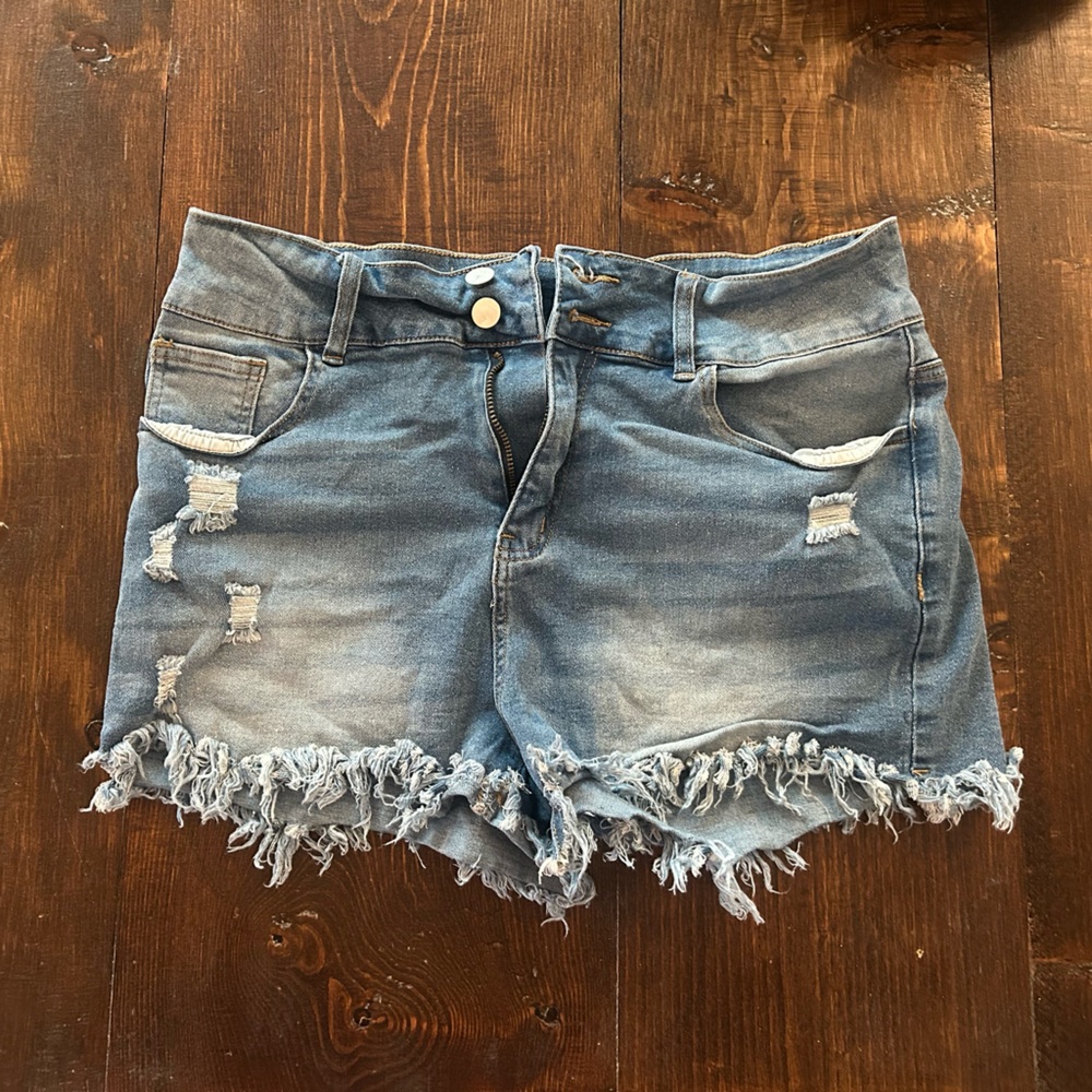 Frayed Hem Distressed Denim Women's Shorts - Blue